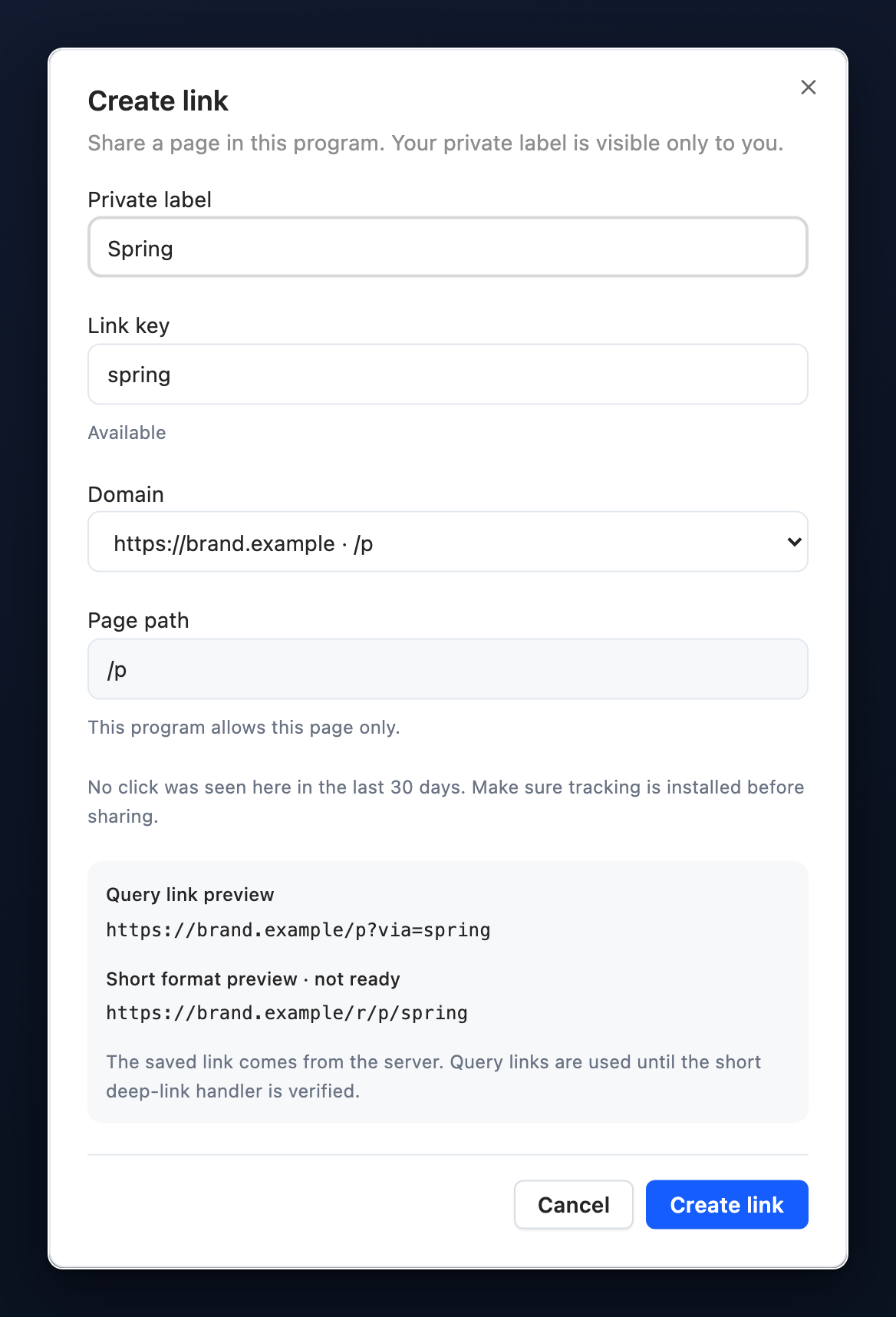 Partner page-link form with a locked allowed page and a query link preview