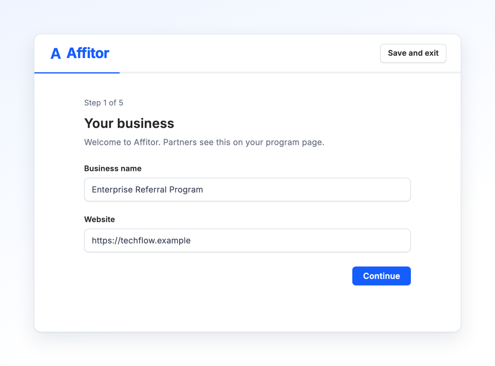 Step 1 of 5, Your business, with Business name, Website and Continue