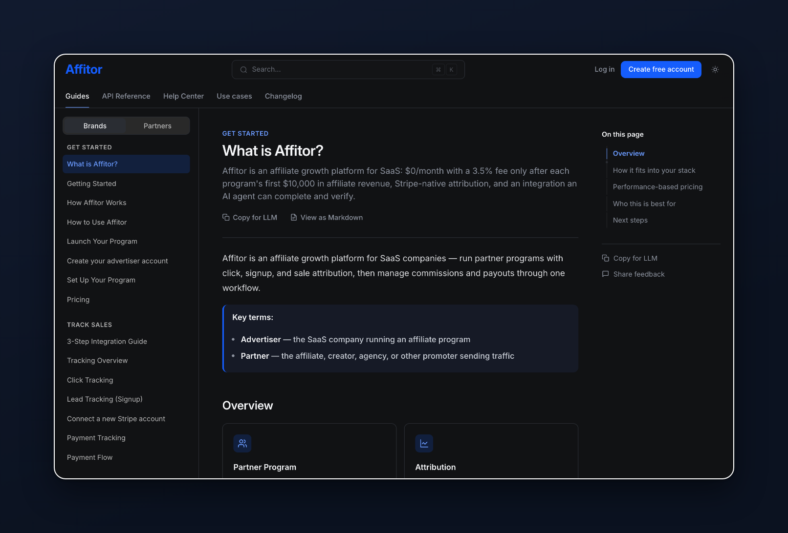 The Affitor docs home with a Brands and Partners switch above the guides